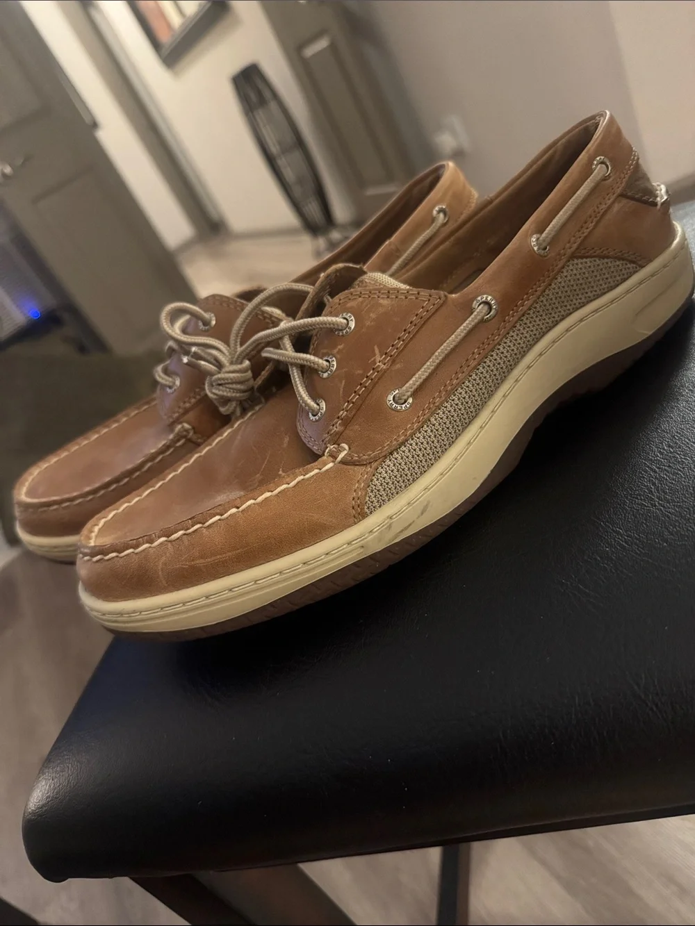 Sperry 🙂 Men's Tan Leather Boat Shoes with Breathable Mesh Panels SIZE 12